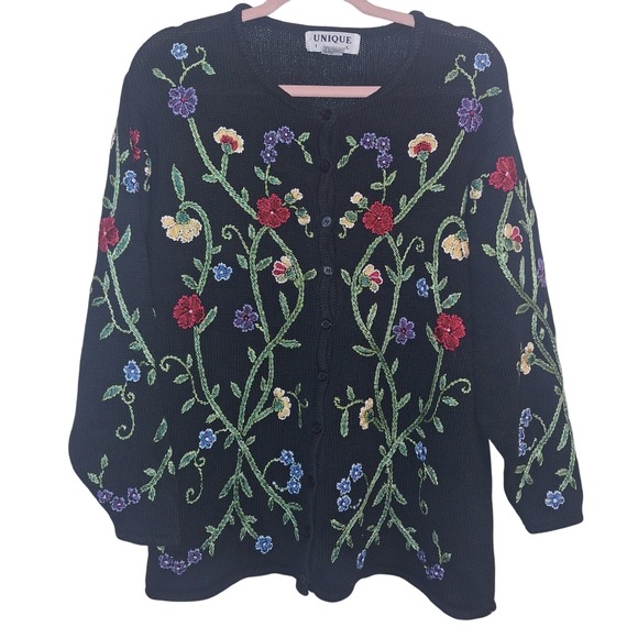 Unique INT'L Sweaters - Vintage Unique Int'L Medium Women's Floral‎ Embroidered Sweater Dark Cottagecore